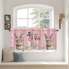 Easter Tier Curtains, Spring Rabbit Eggs Flowers Flags Leaves Wood Grain Light Filtering Kitchen Curtains, 2Pcs Rod Pocket Half Window Treatments Panels for Sink Cafe Cabinet Camper 27.5x36 Inches