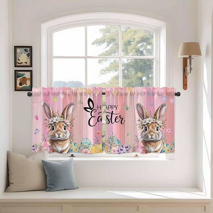 Easter Tier Curtains, Spring Rabbit Eggs Flowers Flags Leaves Wood Grain Light Filtering Kitchen Curtains, 2Pcs Rod Pocket Half Window Treatments Panels for Sink Cafe Cabinet Camper 27.5x36 Inches
