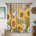 Farmhouse Sunflowers Living Room Curtains 96 Inch Length, Window Curtains Tab Top, Rustic Floral Buttterfly Wood Board Brown Light Filtering Window Treatments Drapes 52"x96" 2 Panel