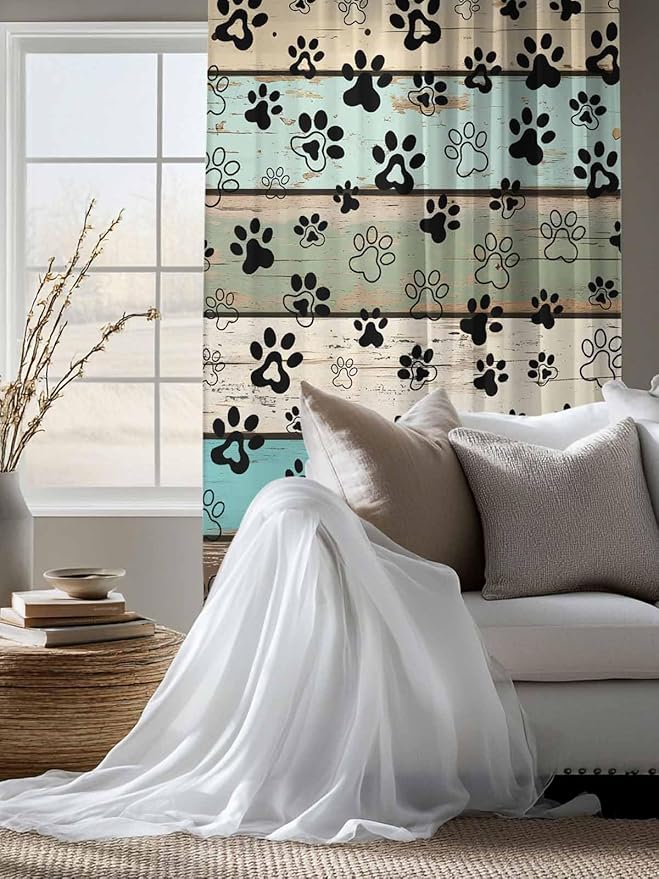 Sheer Curtains 63 Inch Length, Sage Green Brown Paw Prints Semi Sheer Curtains Light Filtering Window Treatment, Vintage Farmhouse Wooden Grain Privacy Voile Drapes for Living Room Bedroom 52x63 Inch