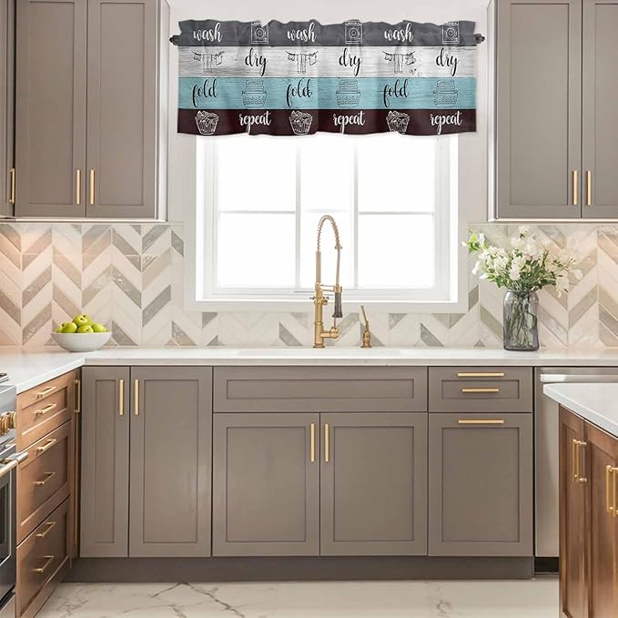 Laundry Rules Valances for Windows, Retro Blue White Wood Board Grain Kitchen Valance Light Filtering Rod Pocket Short Curtains for Kitchen Bathroom, 1 Panel, 42"x12"