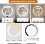 Round LED Bathroom Mirror, Wall Mounted Mirror with Demister Pad 3 Dimmable Color, Backlit Makeup Mirror, for Bathroom, Vanity, Bedroom(70cm/27.6in)