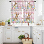 Kitchen Curtains Tiers and Valance Set of 3, Easter Light Filtering Window Curtain Set, Spring Rabbit Eggs Nature Botanicals Pink Plaid Rod Pocket Curtain Drapes for Cafe, Living Room, 24 Inches Tiers