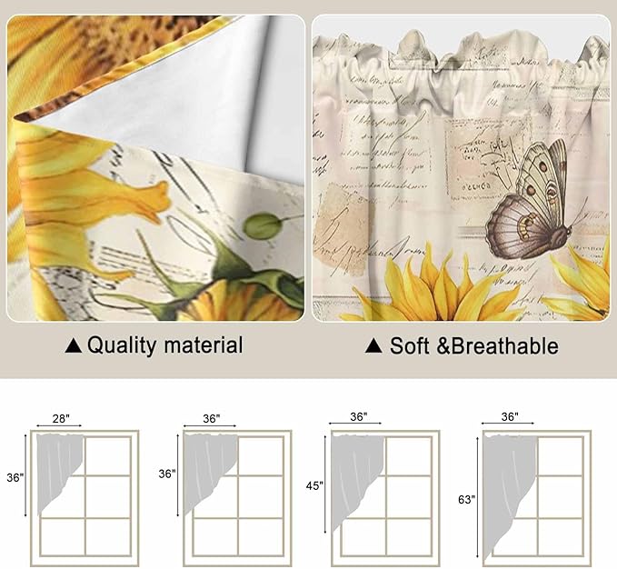 Yellow Sunflowers Swag Valances for Windows, Country Farm Butterfly Flower Light Beige Rod Pocket Kitchen Curtains Valance, Small Window Curtains Swag for Cafe Living Room, 2 Panels, 36x36 inch