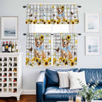 Kitchen Curtains Tiers and Valance Set of 3, Sunflowers Dog Light Filtering Window Curtain Set, Spring Watercolor Floral Stars Grey Plaid Rod Pocket Curtain Drapes for Living Room, 24 Inches Tiers