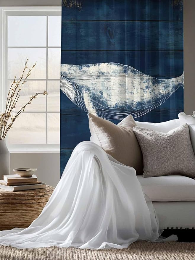 Sheer Curtains 63 Inch Length, Summer Whale Semi Sheer Curtains Light Filtering Window Treatment, Ocean Watercolor Wooden Grain Blue Privacy Voile Drapes for Living Room Bedroom 52x63 Inch