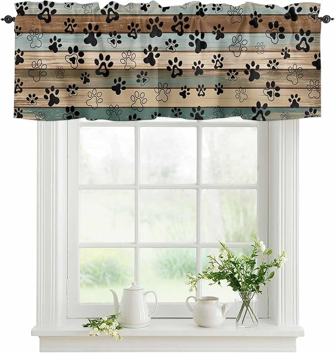 Dog Paws Valance Curtains for Kitchen, Teal Brown Wood Grain Privacy Rod Pocket Valance Curtain, Light-Filtering Window Treatment for Bedroom Bathroom, 54"x18"