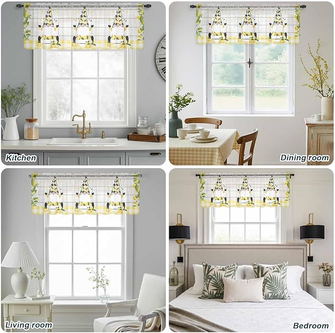 Lemon Dwarfs Sheer Valance Curtains, Gnome Green Leaf Wood Striped Black Plaid Light Filtering Kitchen Valances Rod Pocket Voile Curtain Window Treatment for Bedroom/Living Room/Basement 42Wx12L