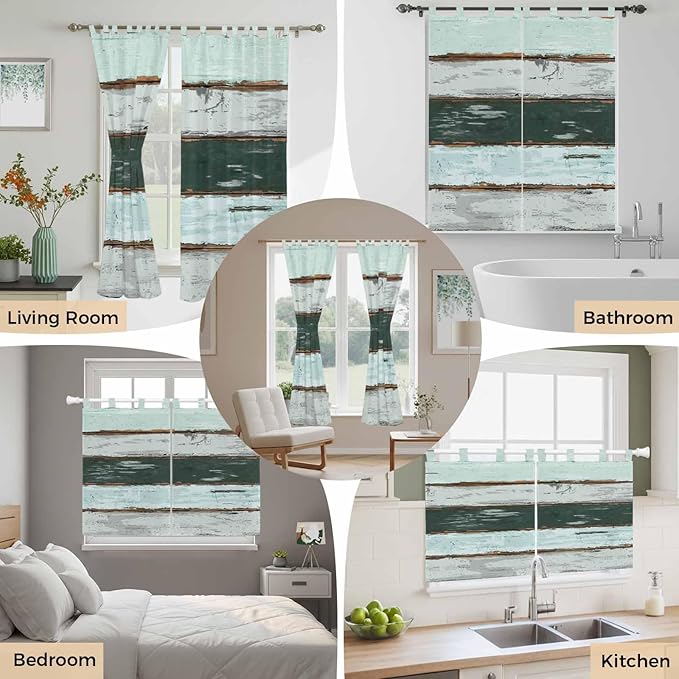 Blue Teal Bathroom Curtains 63 Inch Length, Window Curtains Tab Top, Vintage Wooden Retro Art Farmhouse Barns Light Filtering Window Treatments Drapes 52"x63" 2 Panel