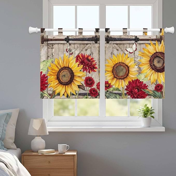 Sunflowers Kitchen Curtains 24 Inch Length, Small Window Curtains Tab Top, Retro Flower Barn Doors Butterfly Farmhouse Brown Light Filtering Short Window Treatments Tier Drapes 27.5"x24" 2 Panel