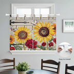Red Yellow Sunflowers Kitchen Curtains 45 Inch Length, Short Cafe Window Curtains Tab Top, Retro Rustic Barn Doors Butterfly Brown Light Filtering Window Treatments Tier Drapes 27.5"x45" 2 Panel