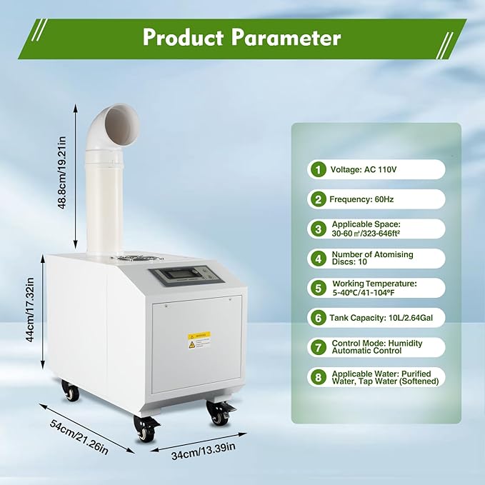 300W Agricultural Ultrasonic Humidifier, Automatic Ultrasonic Industrial Atomizer Air Humidifier Sprayer with Humidity Sensor & Water Filter, Agricultural Atomizer Cooler, 160m³/h, 2.64Gal