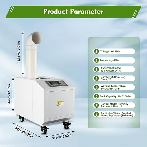 300W Agricultural Ultrasonic Humidifier, Automatic Ultrasonic Industrial Atomizer Air Humidifier Sprayer with Humidity Sensor & Water Filter, Agricultural Atomizer Cooler, 160m³/h, 2.64Gal
