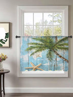 Sheer Curtains 54 Inch Length, Coastal Beach Blue Semi Sheer Curtains Light Filtering Window Treatment, Tropical Coconut Tree Vintage Wood Grain Privacy Voile Drapes for Living Room Bedroom 52x54 Inch