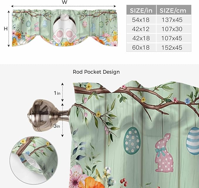 Easter Tie Up Valance Curtains for Windows, Kitchen Curtains Window Shades, Spring Watercolor Bunny Eggs Wooden Grain Green Light Filtering Roman Curtain Valances for Bedroom/Bathroom/Cafe 54"x18"