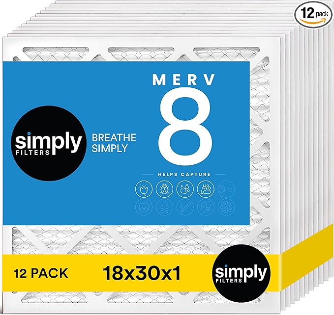 Simply 18x30x1 Air Filter, MERV 8, 12 Pack, For Home AC Furnace & HVAC (Actual Size: 17.75"x29.75"x0.75") DUST, Pet, & Allergy Control