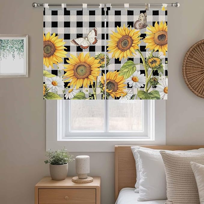 Sunflowers Kitchen Curtains 45 Inch Length, Short Cafe Window Curtains Tab Top, Yellow Flowers Butterfly Farmhouse Black Plaid Light Filtering Window Treatments Tier Drapes 27.5"x45" 2 Panel