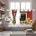 Cows Sunflowers Kitchen Curtains 24 Inch Length, Small Window Curtains Tab Top, Spring Botanical Floral Bees Red Barn Light Filtering Short Window Treatments Tier Drapes 27.5"x24" 2 Panel