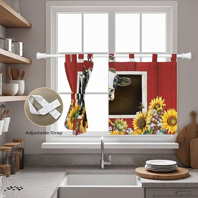 Cows Sunflowers Kitchen Curtains 36 Inch Length, Small Window Curtains Tab Top, Spring Botanical Floral Bees Red Barn Light Filtering Short Window Treatments Tier Drapes 27.5"x36" 2 Panel
