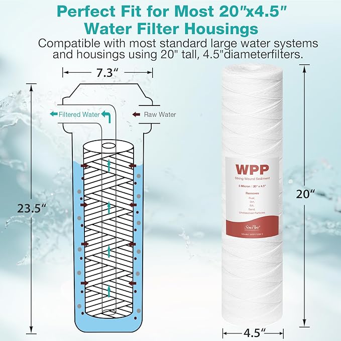 SimPure 20 x 4.5 Inch 5 Micron String Wound Sediment Water Filter Cartridge, Whole House Sediment Well Water Filter Replacement, Fits DB20P DB20P-3 (10 Pack)