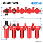 TAILONZ PNEUMATIC 0-150PSI 3/8 Inch NPT Red Industrial Grade 5 Stage Air Drying System, Particulate Filter, Coalescing Filter, Three Desiccant Dryer and Air Regulator (Manual Drainage)