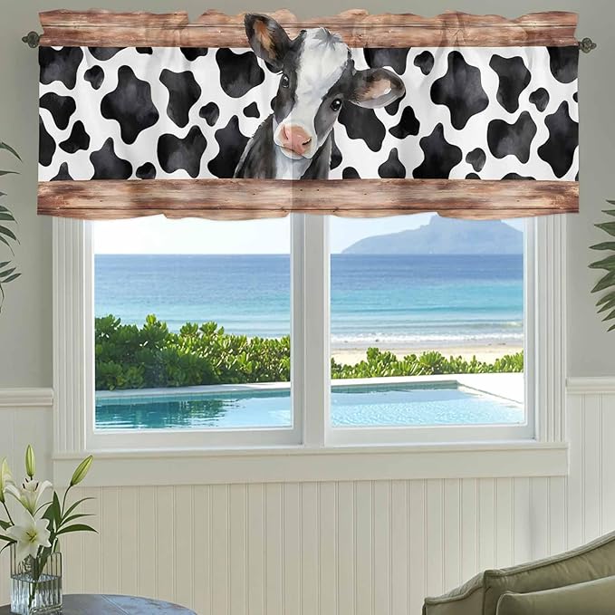 Cow Printed Curtain Valances for Windows, Kitchen Valance Window Treatment, Farmhouse Watercolor Country Wooden Grain Light Filtering Block Curtains for Bathroom/Bedroom/Living Room 42'' x 18''