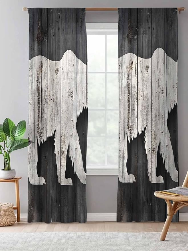 Sheer Curtains 96 Inches Long, White Brown Bear Semi Sheer Curtains Light Filtering Window Treatment, Farmhouse Country Rustic Wooden Grain Privacy Voile Drapes for Living Room Bedroom 52x96 Inch