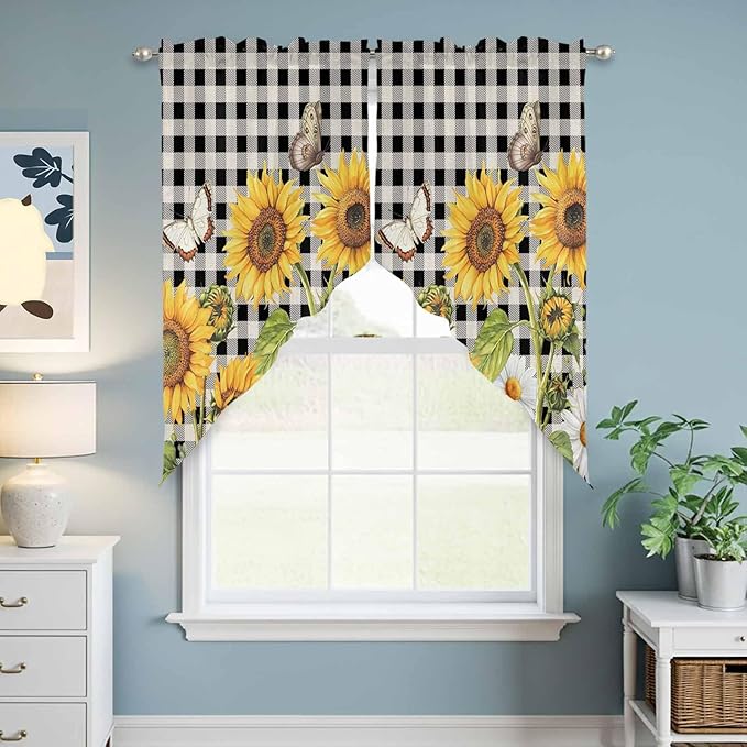 Sunflowers Swag Valances for Windows, Yellow Flowers Butterfly Farmhouse Black Plaid Rod Pocket Kitchen Curtains Valance, Kitchen Window Curtains Swag for Cafe Living Room, 2 Panels, 36x45 inch