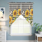 Sunflowers Swag Valances for Windows, Yellow Flowers Butterfly Farmhouse Black Plaid Rod Pocket Kitchen Curtains Valance, Small Window Curtains Swag for Cafe Bathroom Living Room, 2 Panels, 36x36 inch