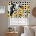 Retro Sunflowers Kitchen Curtains 45 Inch Length, Short Cafe Window Curtains Tab Top, Farmhouse Floral Cow Butterfly Black Plaid Light Filtering Window Treatments Tier Drapes 27.5"x45" 2 Panel