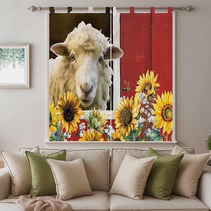 Sheep Flowers Living Room Curtains 84 Inch Length, Window Curtains Tab Top, Country Red Barn Botanical Sunflowers Light Filtering Window Treatments Drapes 42"x84" 2 Panel