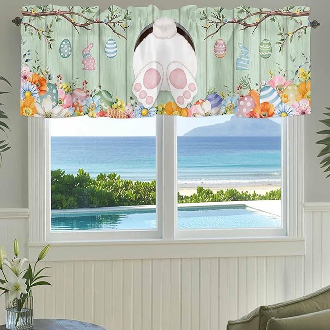 Easter Curtain Valances for Windows, Kitchen Valance Window Treatment, Spring Watercolor Bunny Eggs Wooden Grain Green Light Filtering Block Curtains for Bathroom/Bedroom/Living Room 54'' x 18''