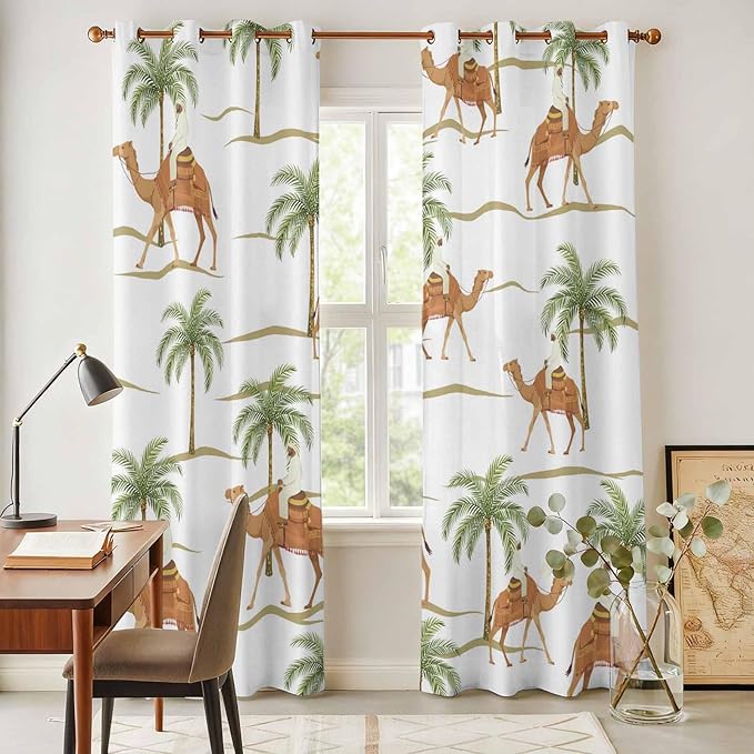 2 Panel Kitchen Cafe Curtains, Desert Camels Sunlight Filtering Nature Air Through, Home Decor Window Covering Tier Curtains for Bedroom Living Room 80W x 84L inch Tropical Date Palm Trees Animal