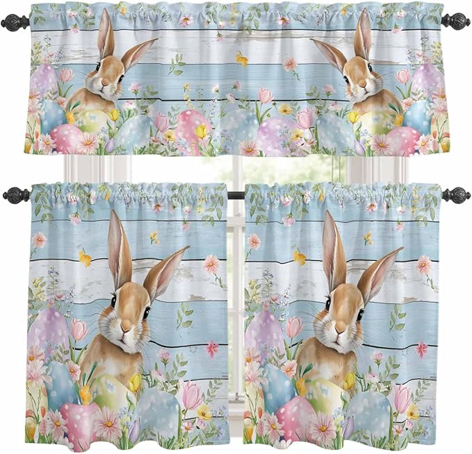 Kitchen Curtains Tiers and Valance Set of 3, Easter Light Filtering Window Curtain Set, Farmhouse Spring Rabbit Eggs Flowers Wooden Board Rod Pocket Curtain Drapes for Living Room, 24 Inches Tiers