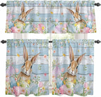 Kitchen Curtains Tiers and Valance Set of 3, Easter Light Filtering Window Curtain Set, Farmhouse Spring Rabbit Eggs Flowers Wooden Board Rod Pocket Curtain Drapes for Living Room, 24 Inches Tiers