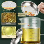 1.5L/50oz Glass Bacon Grease Container with Strainer, Cooking Oil Storage Can with Fine Mesh Filter and Scale, Lid and Easy-Grip Handle,Fat Separator for Storing Fats, Frying Oil and Cooking Grease