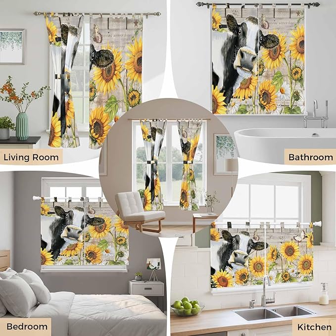 Yellow Sunflowers Living Room Curtains 96 Inch Length, Window Curtains Tab Top, Farmhouse Cow Barn Doors Floral Butterfly Light Filtering Window Treatments Drapes 52"x96" 2 Panel