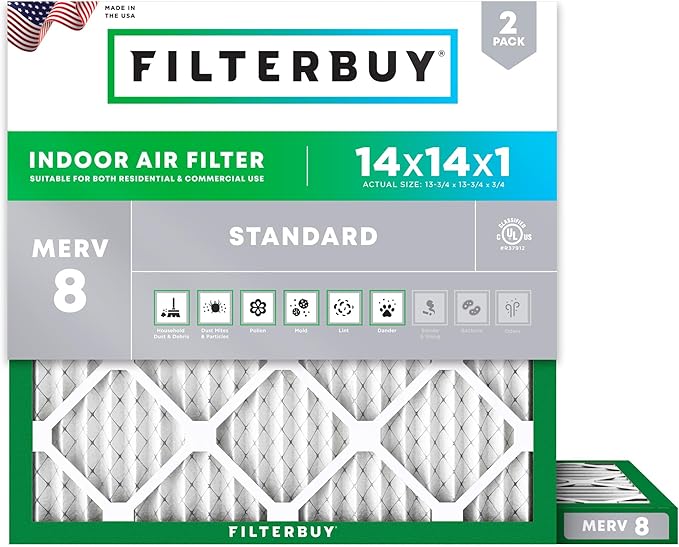 Filterbuy 14x14x1 Air Filter MERV 8 Essential Dust & Allergy Defense (2-Pack), Electrostatic Pleated HVAC AC Furnace Filters Replacement, Made in USA (Actual Size: 13.75 x 13.75 x 0.75)
