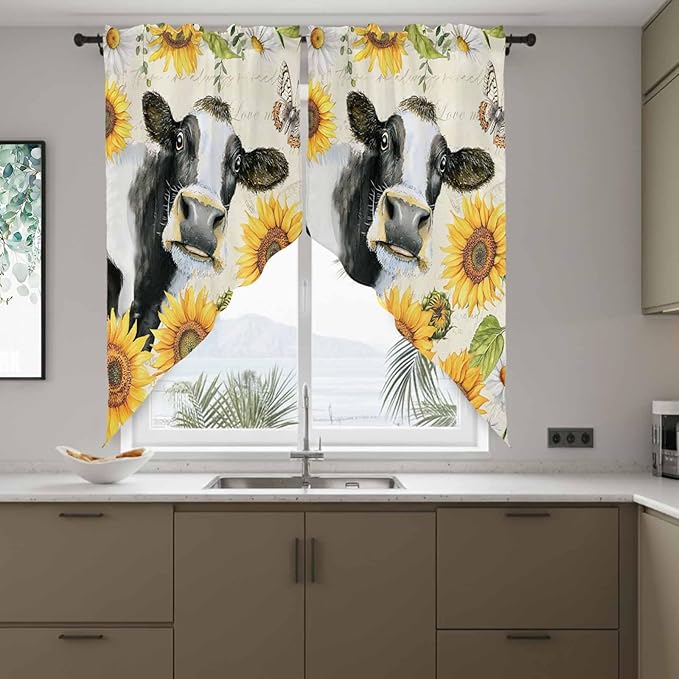 Yellow Sunflowers Swag Valances for Windows, Country Cow Flower Butterfly Farmhouse Cream Rod Pocket Kitchen Curtains Valance, Kitchen Window Curtains Swag for Cafe Living Room, 2 Panels, 36x45 inch