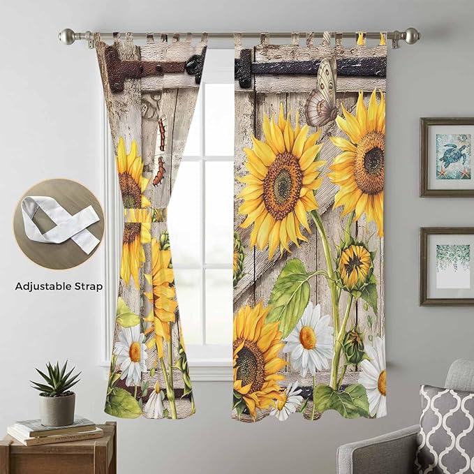 Farmhouse Sunflowers Living Room Curtains 84 Inch Length, Window Curtains Tab Top, Rustic Barn Doors Flowers Butterfly Wooden Light Filtering Window Treatments Drapes 52"x84" 2 Panel