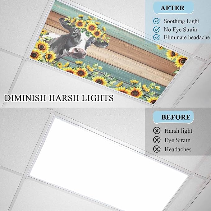 Fluorescent Light Covers Farm Cow Sunflower Magnetic Light Filters Vintage Blue Green Wood Grain Ceiling Light Covers for Classroom Office Home Drop Ceiling Lamp Decor 2 Pieces
