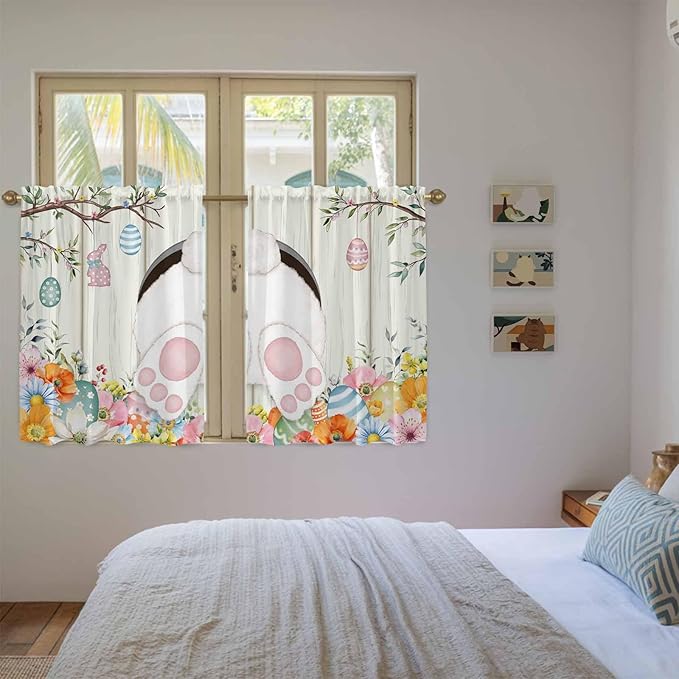 Easter Kitchen Curtains 45 Inch Long 2 Panel Set, Rod Pocket Window Treatment, Spring Farmhouse Watercolor Bunny Eggs Wood Grain Light Filtering Panels Short Drapes for Bathroom Camper 42"W x 45"L