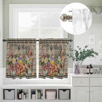 Spring Flowers Kitchen Curtains Set 3 Piece for Windows, Rod Pocket Valance and Tier Set 36 Inch Length, Farmhouse Vintage Black Plaid Wood Grain Light Filtering Cafe Curtains for Living Room Bathroom