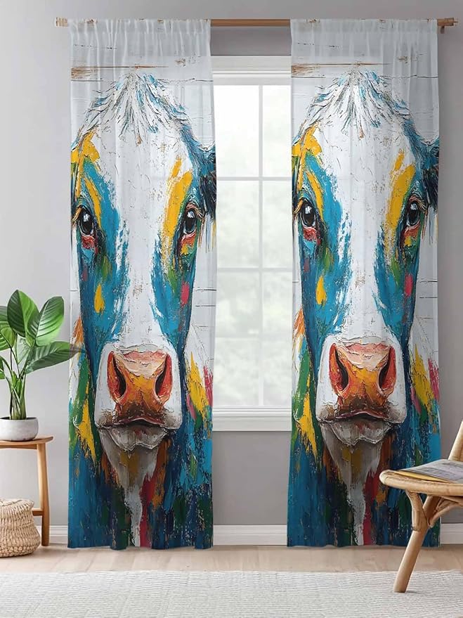 Sheer Curtains 108 Inches Long, Rustic Cow Semi Sheer Curtains Light Filtering Window Treatment, Vintage Colorful Animals Art Wooden Grain Privacy Voile Drapes for Living Room Bedroom 52x108 Inch