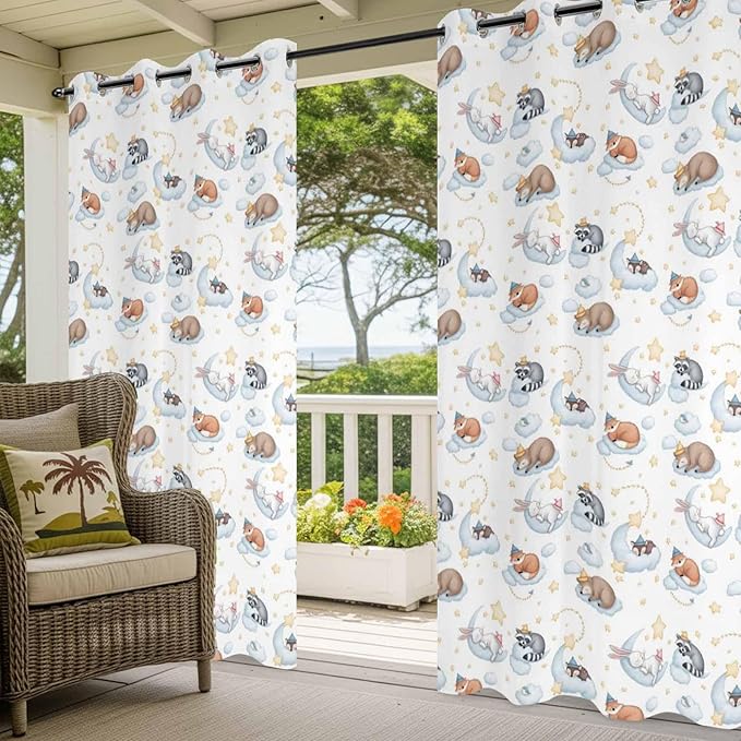 Cartoon Animals Outdoor Curtains for Patio Raccoons Rabbits Moon Waterproof Outside Curtains with Grommet Top Weatherproof Curtain for Cabana Pergola Gazebo, 2 Pack, 54" W x 95" L