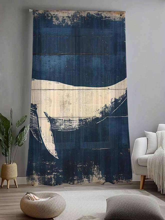 Sheer Curtains 108 Inches Long, Ocean Whale Blue Semi Sheer Curtains Light Filtering Window Treatment, Summer Coastal Vintage Wood Grain Privacy Voile Drapes for Living Room Bedroom 52x108 Inch