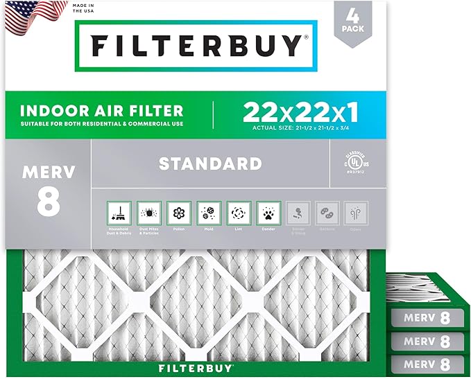 Filterbuy 22x22x1 Air Filter MERV 8 Essential Dust & Allergy Defense (4-Pack), Electrostatic Pleated HVAC AC Furnace Filters Replacement, Made in USA (Actual Size: 21.50 x 21.50 x 0.75)
