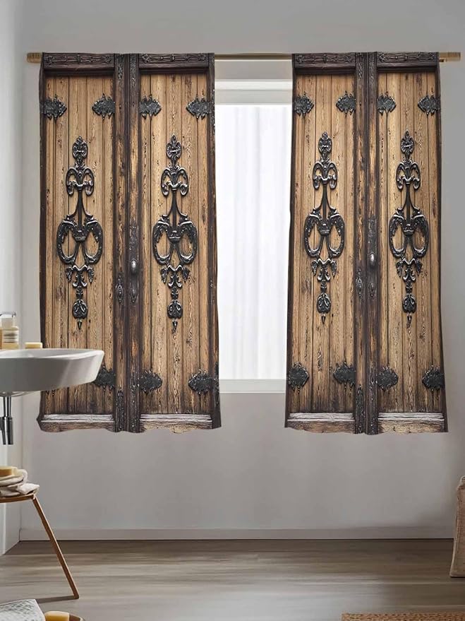 Sheer Curtains 72 Inches Long, Barn Door Semi Sheer Curtains Light Filtering Window Treatment, Farmhouse Wooden Grain Rustic Tribal Pattern Privacy Voile Drapes for Living Room Bedroom 52x72 Inch