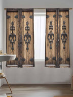 Sheer Curtains 72 Inches Long, Barn Door Semi Sheer Curtains Light Filtering Window Treatment, Farmhouse Wooden Grain Rustic Tribal Pattern Privacy Voile Drapes for Living Room Bedroom 52x72 Inch