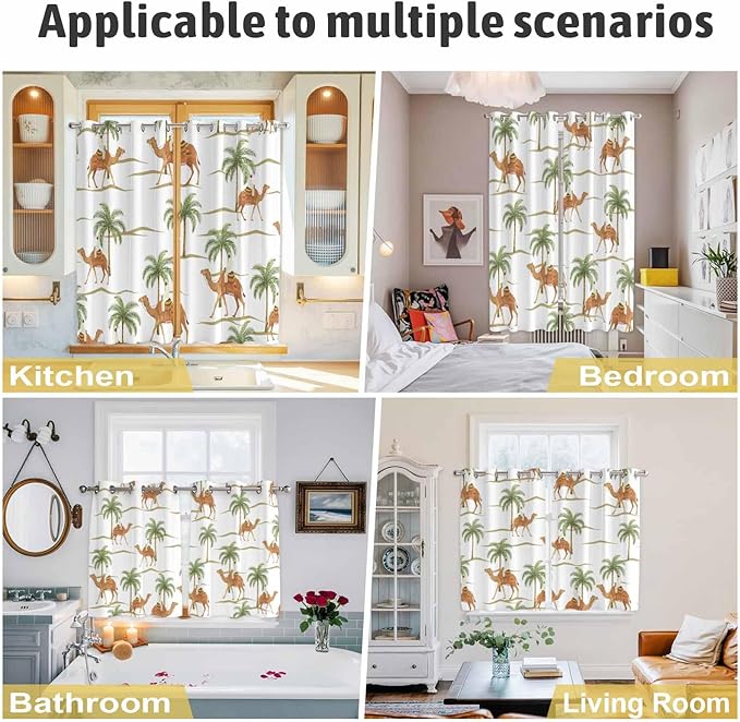 2 Panel Kitchen Cafe Curtains, Desert Camels Sunlight Filtering Nature Air Through, Home Decor Window Covering Tier Curtains for Bedroom Living Room 104W x 84L inch Tropical Date Palm Trees Animal